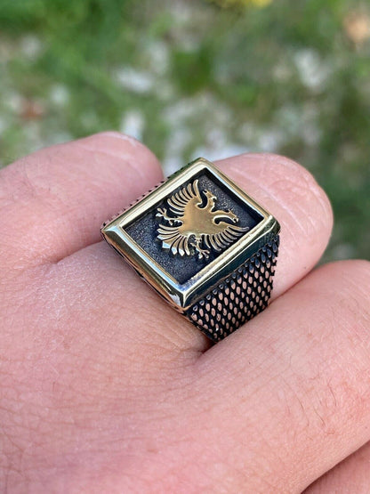 Italiano Silver, Inc Mens 14k Gold and Real Solid 925 Sterling Silver Albanian Double Headed Eagle Ring
