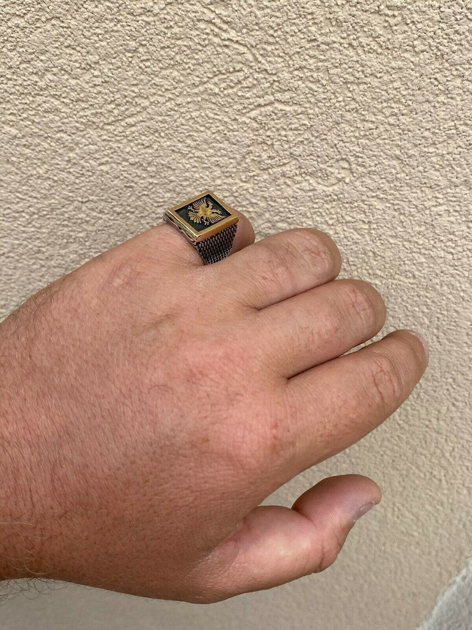 Italiano Silver, Inc Mens 14k Gold and Real Solid 925 Sterling Silver Albanian Double Headed Eagle Ring