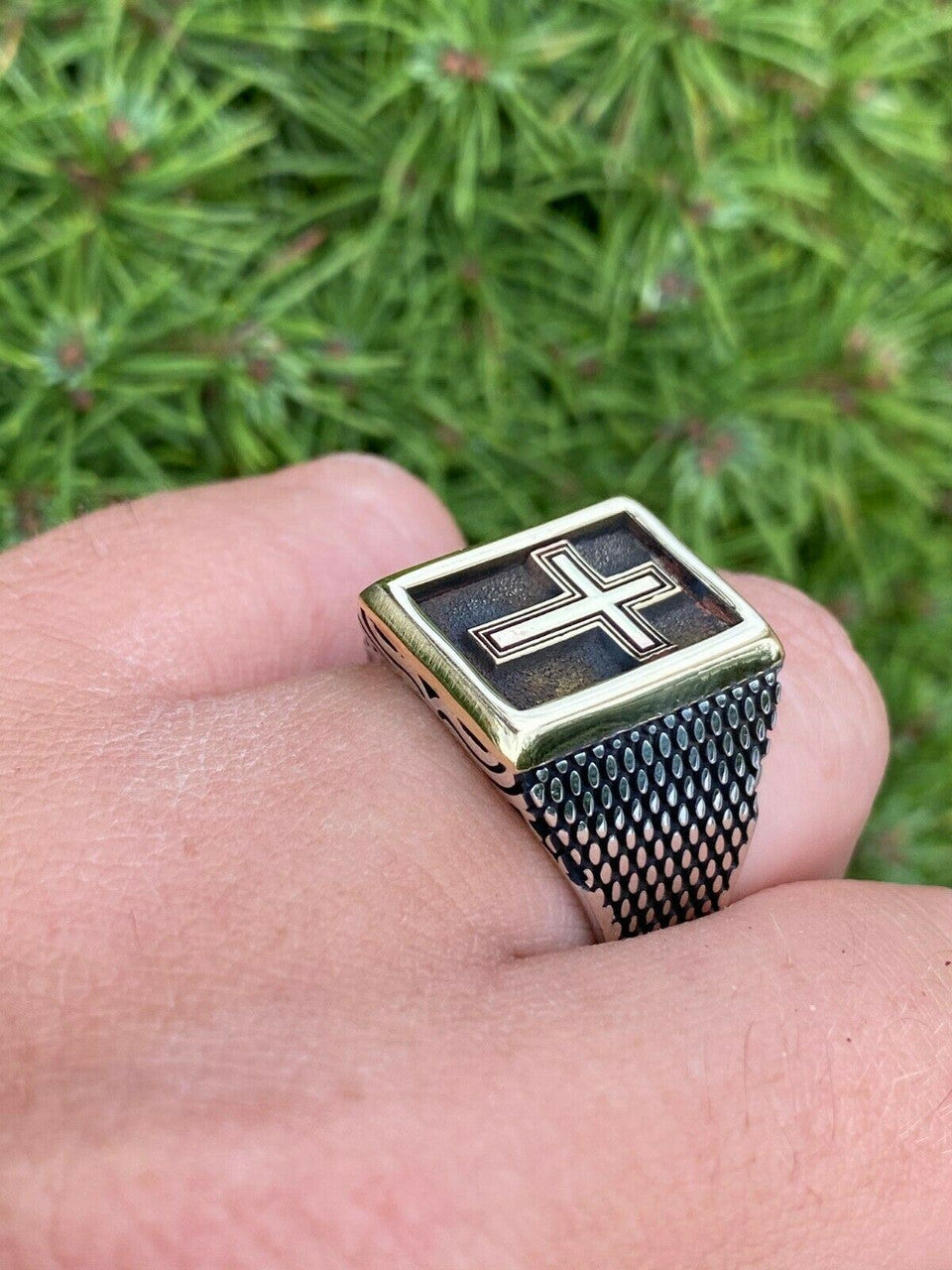 Italiano Silver, Inc Mens 14k Gold and Real Solid 925 Sterling Silver Christian Cross Ring Oxidized