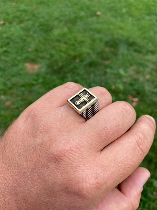 Italiano Silver, Inc Mens 14k Gold and Real Solid 925 Sterling Silver Christian Cross Ring Oxidized