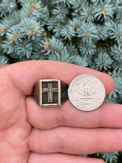 Italiano Silver, Inc Mens 14k Gold and Real Solid 925 Sterling Silver Christian Cross Ring Oxidized