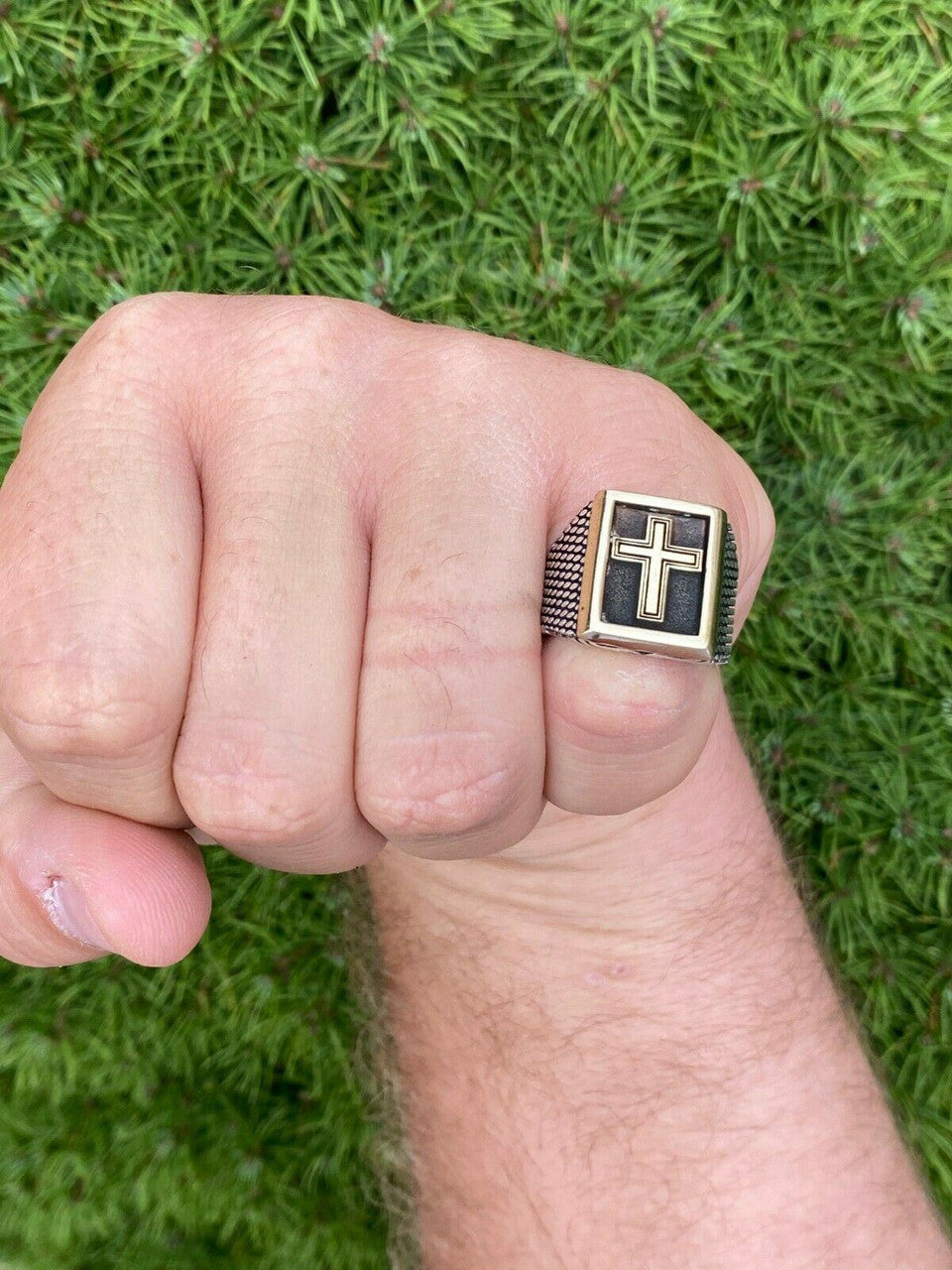 Italiano Silver, Inc Mens 14k Gold and Real Solid 925 Sterling Silver Christian Cross Ring Oxidized