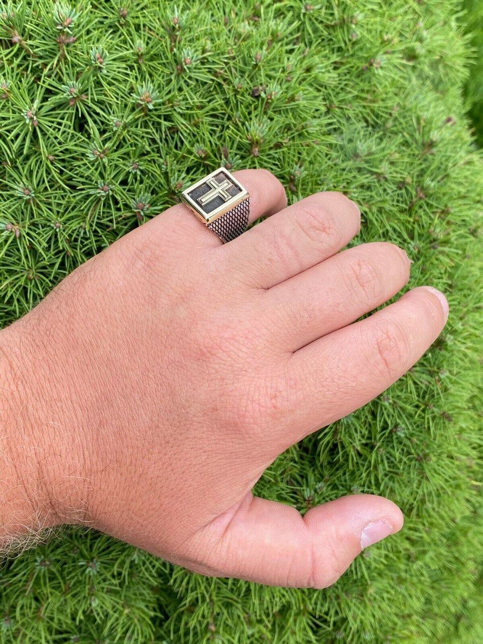 Italiano Silver, Inc Mens 14k Gold and Real Solid 925 Sterling Silver Christian Cross Ring Oxidized