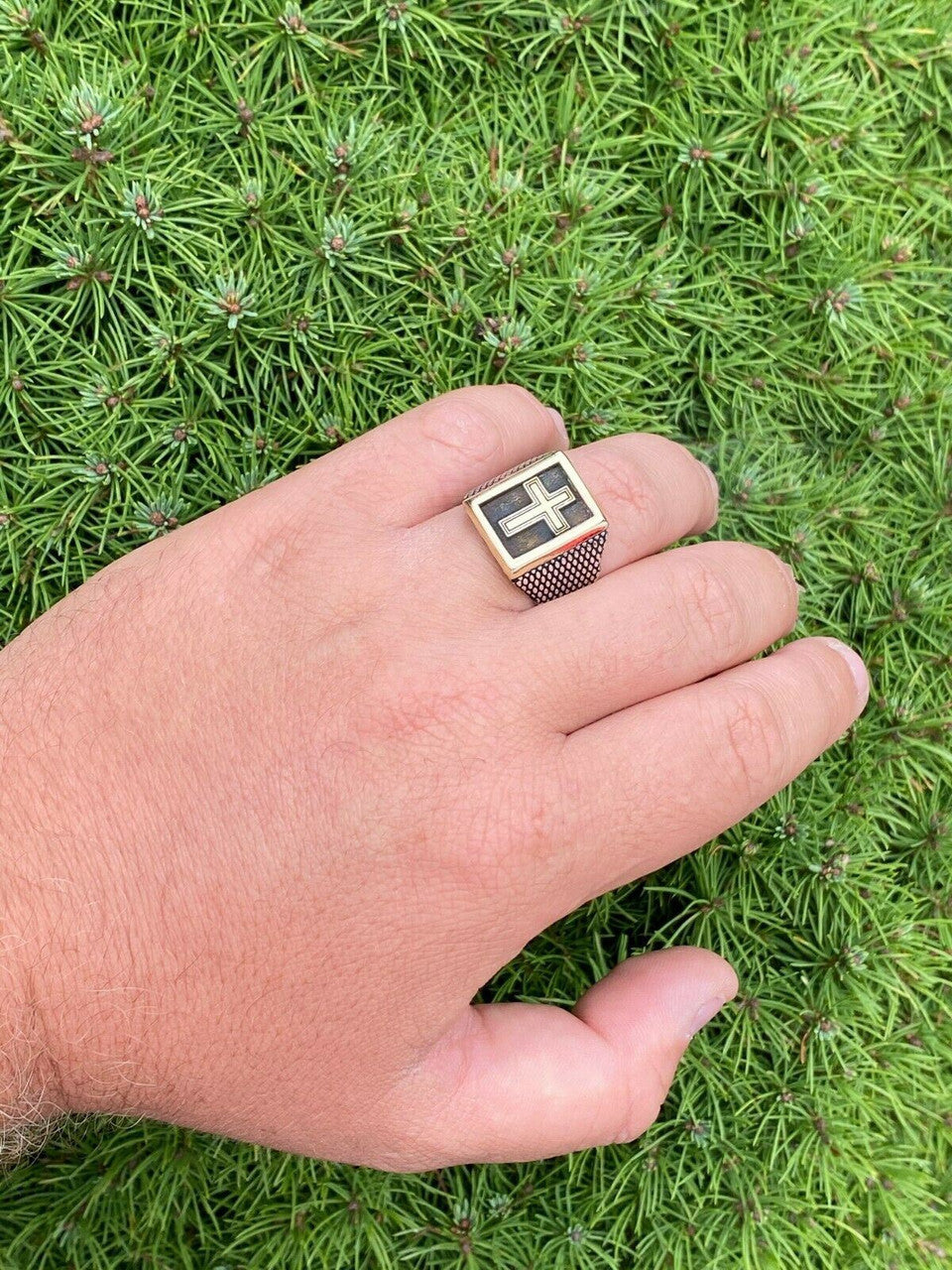 Italiano Silver, Inc Mens 14k Gold and Real Solid 925 Sterling Silver Christian Cross Ring Oxidized