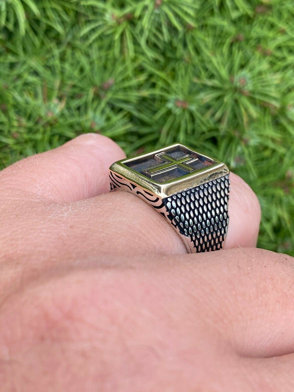 Italiano Silver, Inc Mens 14k Gold and Real Solid 925 Sterling Silver Christian Cross Ring Oxidized