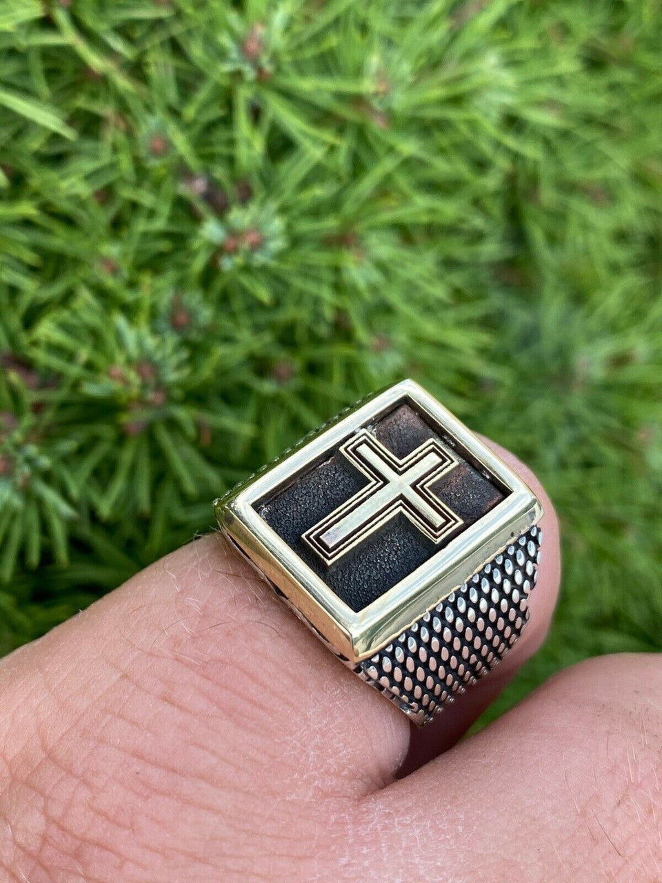 Italiano Silver, Inc Mens 14k Gold and Real Solid 925 Sterling Silver Christian Cross Ring Oxidized