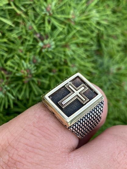 Italiano Silver, Inc Mens 14k Gold and Real Solid 925 Sterling Silver Christian Cross Ring Oxidized