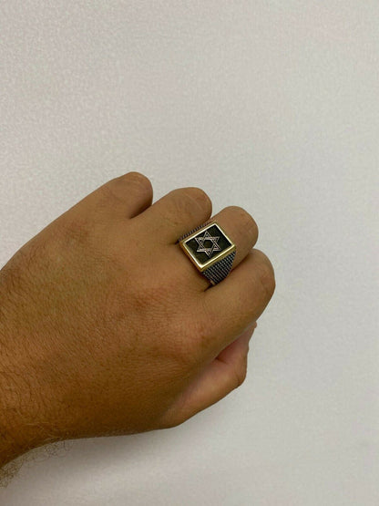 Italiano Silver, Inc Mens 14k Gold and Real Solid 925 Sterling Silver Jewish Star Of Magen David Ring