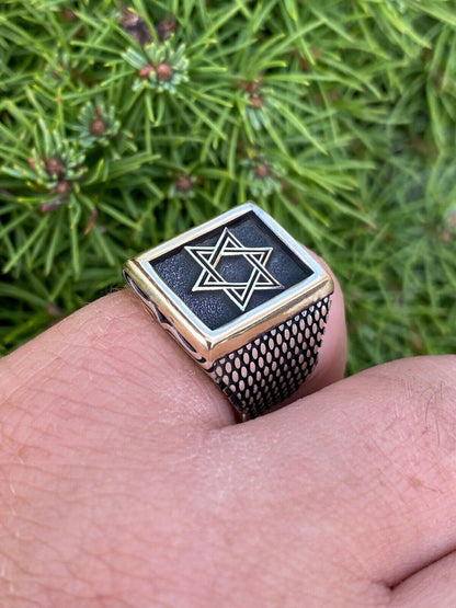 Italiano Silver, Inc Mens 14k Gold and Real Solid 925 Sterling Silver Jewish Star Of Magen David Ring
