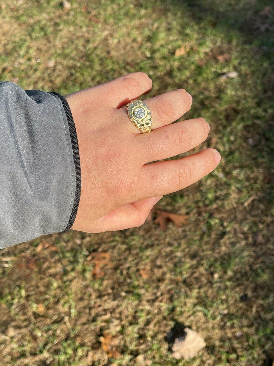 Italiano Silver, Inc Mens 14k Gold Over REAL Solid 925 Silver Nugget Ring Solitaire Iced Diamonds