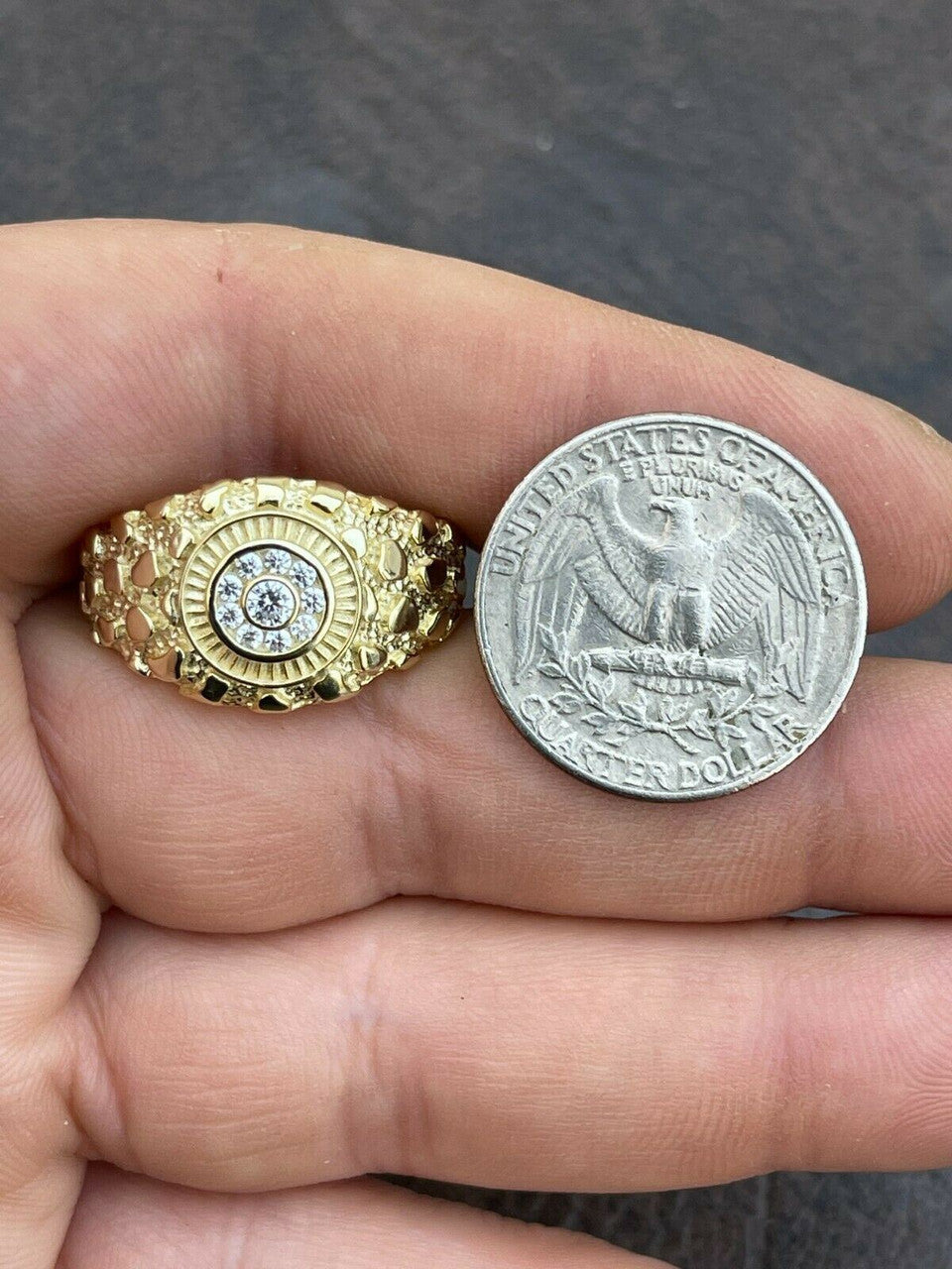 Italiano Silver, Inc Mens 14k Gold Over REAL Solid 925 Silver Nugget Ring Solitaire Iced Diamonds