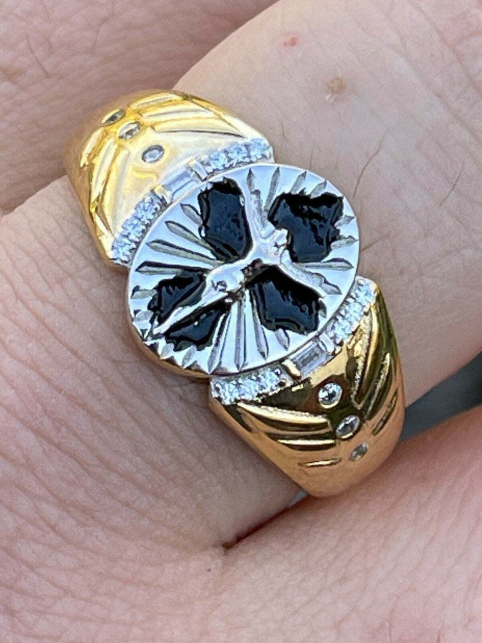 Italiano Silver, Inc Mens 14k Gold Over Real Solid 925 Sterling Silver Jesus Christ Cross Ring Pinky