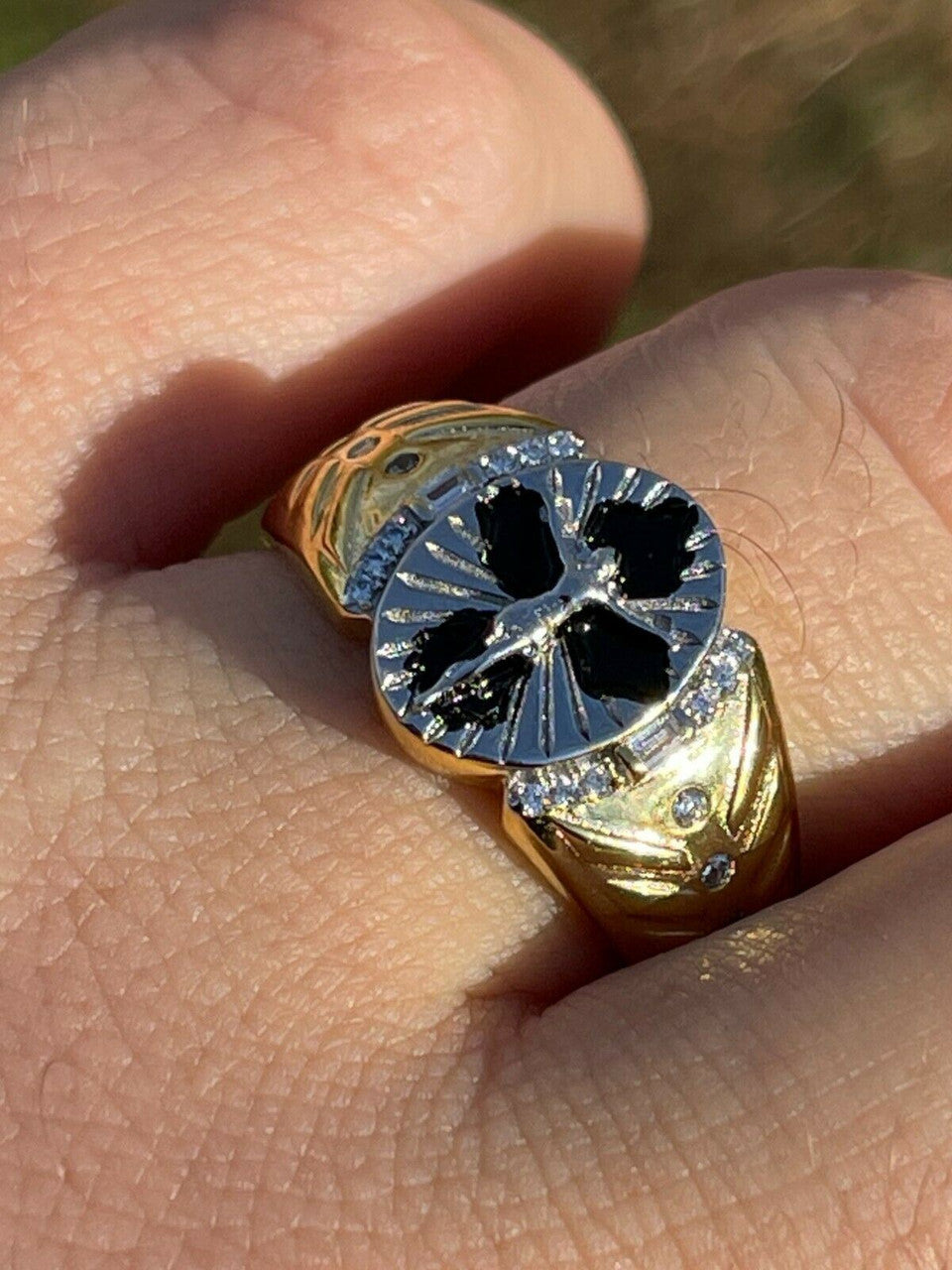 Italiano Silver, Inc Mens 14k Gold Over Real Solid 925 Sterling Silver Jesus Christ Cross Ring Pinky