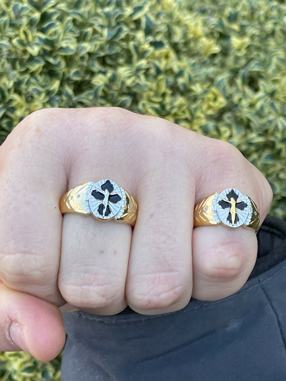 Italiano Silver, Inc Mens 14k Gold Over Real Solid 925 Sterling Silver Jesus Christ Cross Ring Pinky