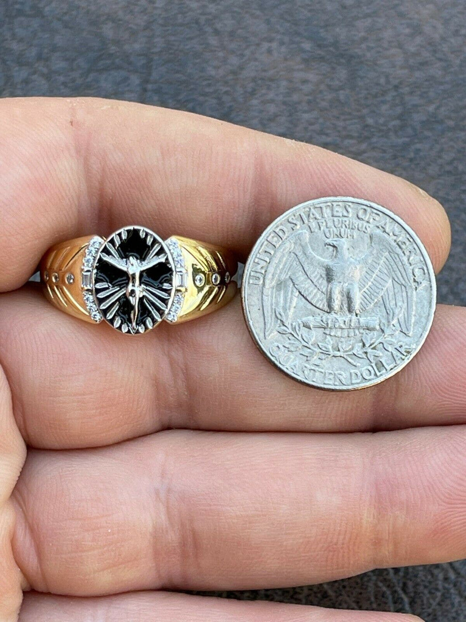 Italiano Silver, Inc Mens 14k Gold Over Real Solid 925 Sterling Silver Jesus Christ Cross Ring Pinky