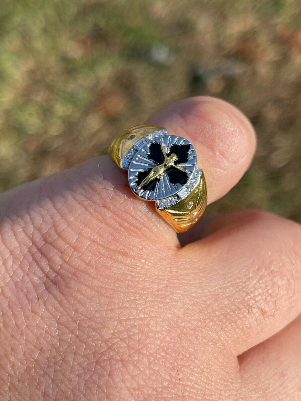 Italiano Silver, Inc Mens 14k Gold Over Real Solid 925 Sterling Silver Jesus Christ Cross Ring Pinky