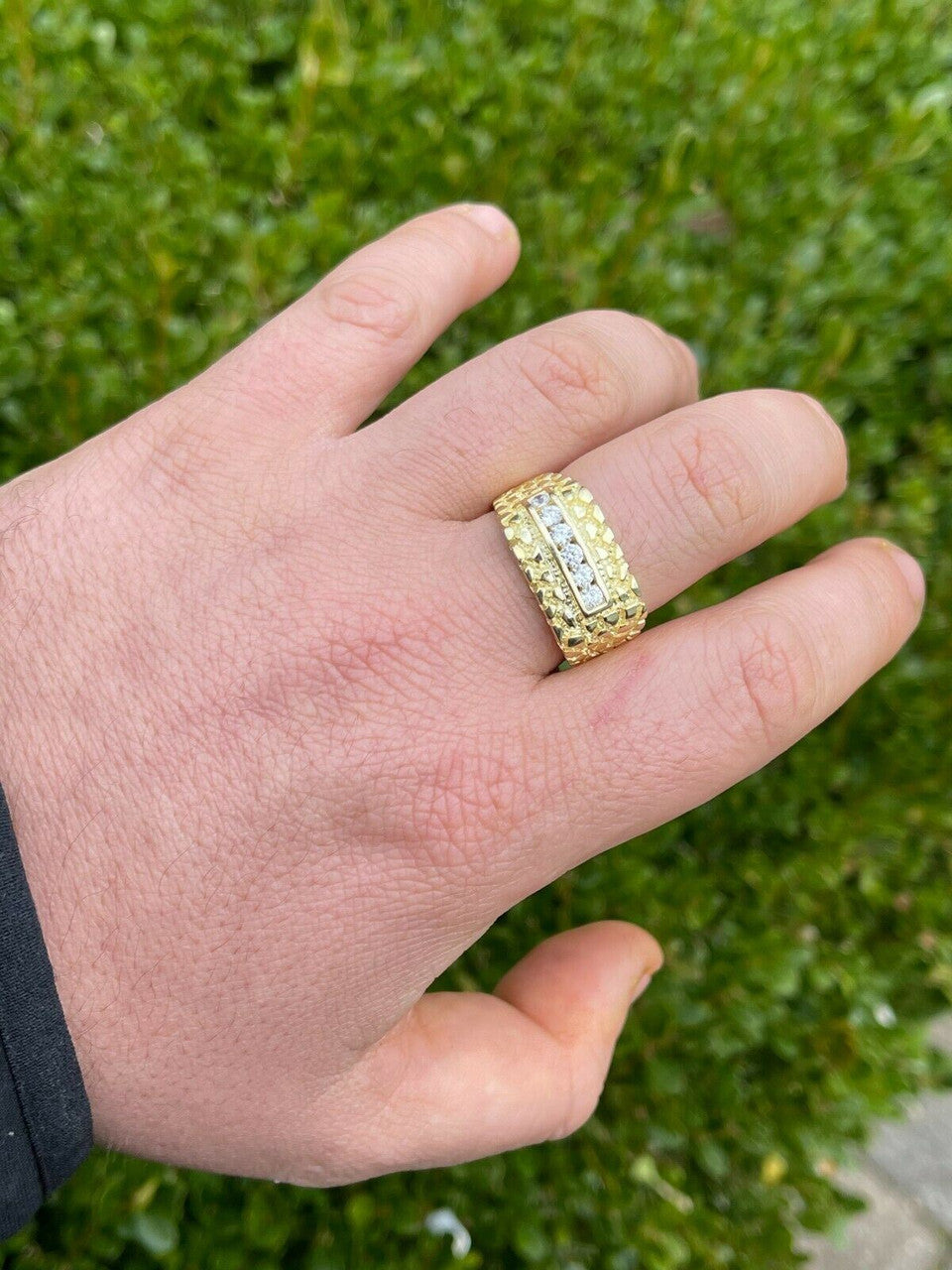 Italiano Silver, Inc Mens 14k Gold Over Real Solid Sterling Silver Iced Diamond Nugget Ring Hip Hop