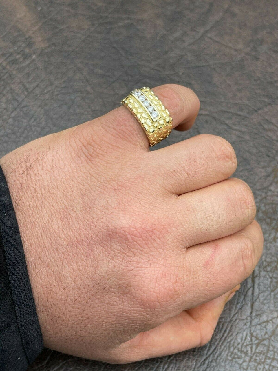 Italiano Silver, Inc Mens 14k Gold Over Real Solid Sterling Silver Iced Diamond Nugget Ring Hip Hop