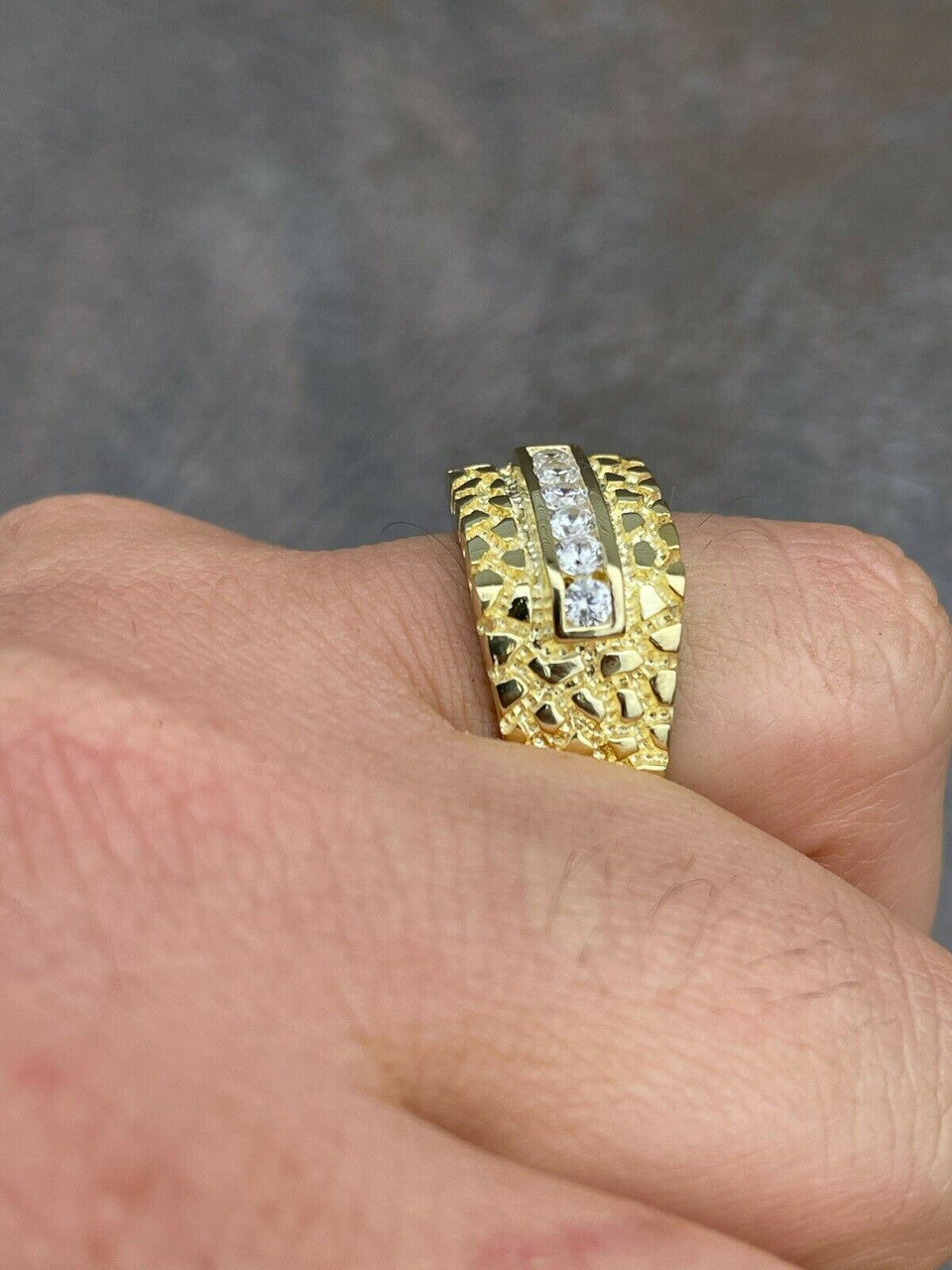 Italiano Silver, Inc Mens 14k Gold Over Real Solid Sterling Silver Iced Diamond Nugget Ring Hip Hop