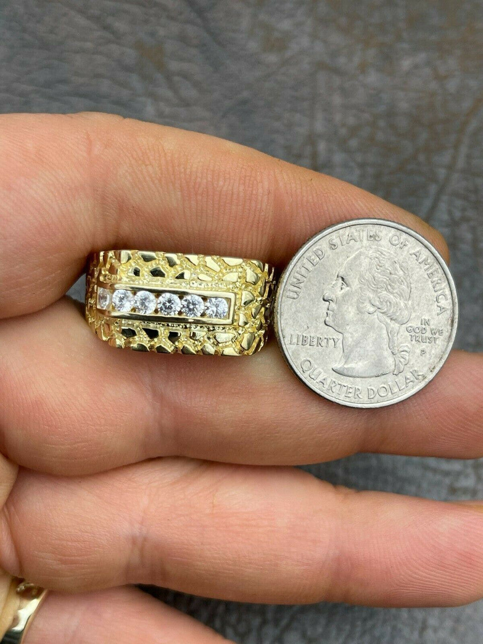 Italiano Silver, Inc Mens 14k Gold Over Real Solid Sterling Silver Iced Diamond Nugget Ring Hip Hop