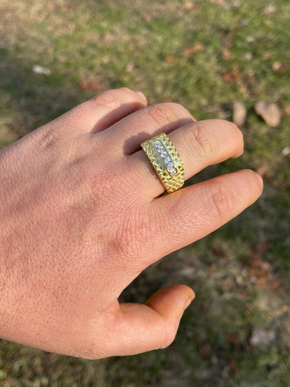Italiano Silver, Inc Mens 14k Gold Over Real Solid Sterling Silver Iced Diamond Nugget Ring Hip Hop