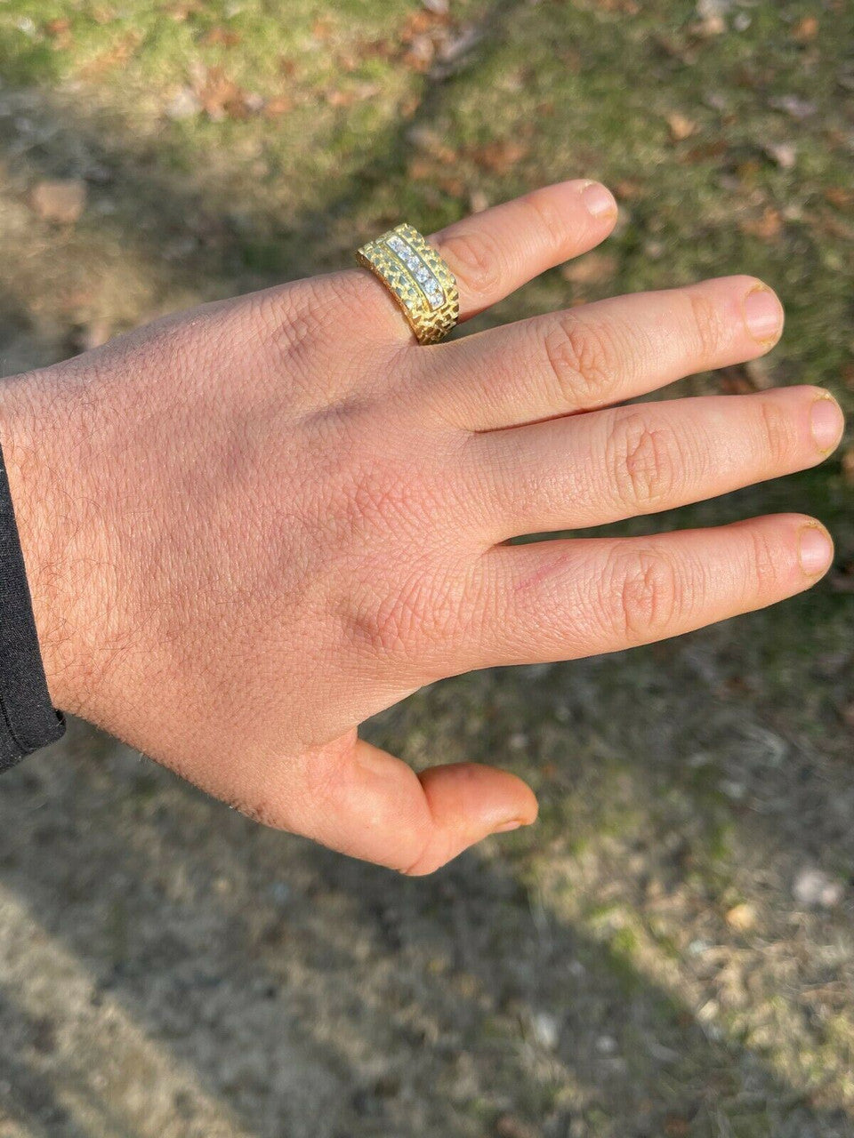 Italiano Silver, Inc Mens 14k Gold Over Real Solid Sterling Silver Iced Diamond Nugget Ring Hip Hop