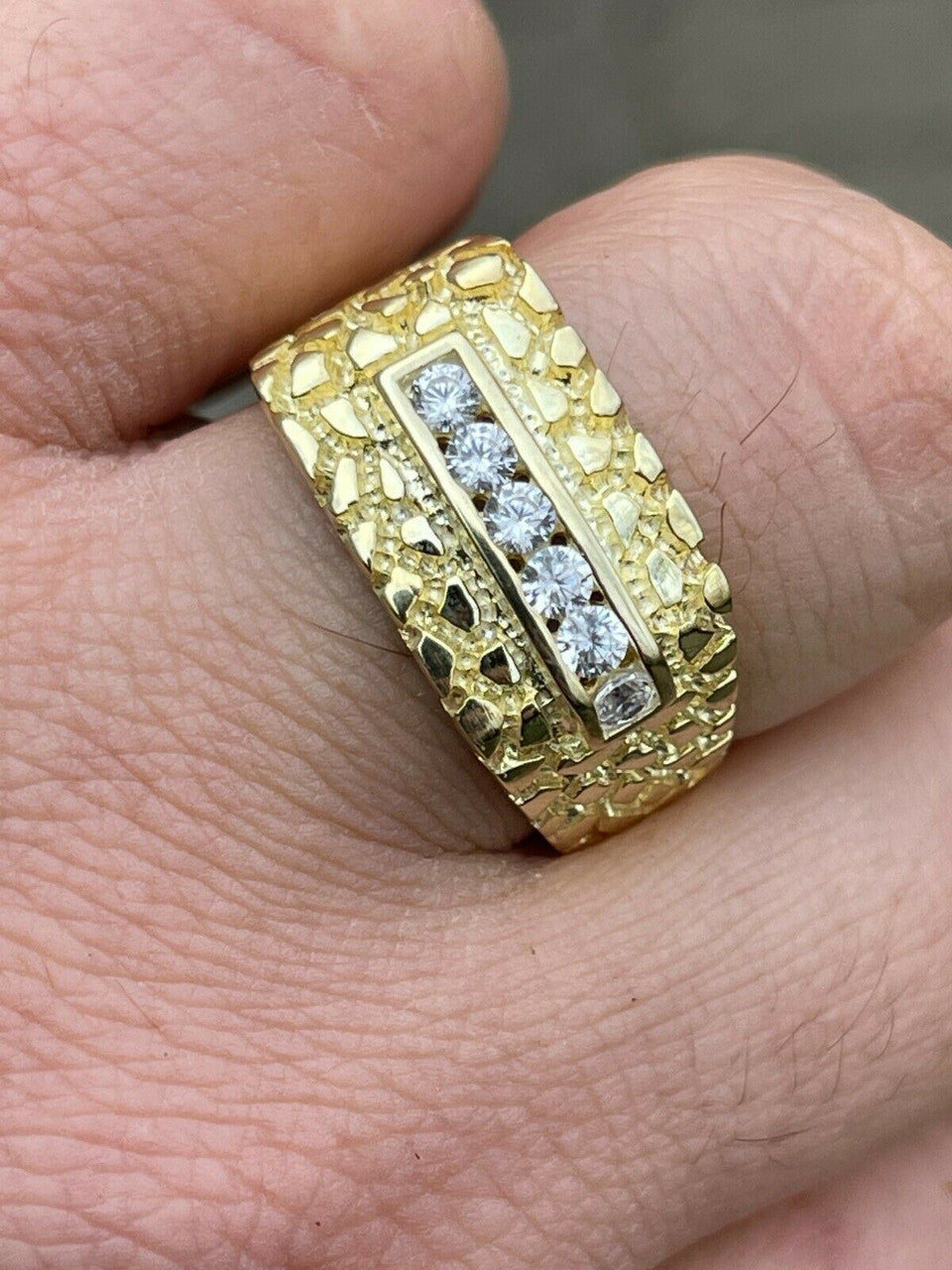 Italiano Silver, Inc Mens 14k Gold Over Real Solid Sterling Silver Iced Diamond Nugget Ring Hip Hop