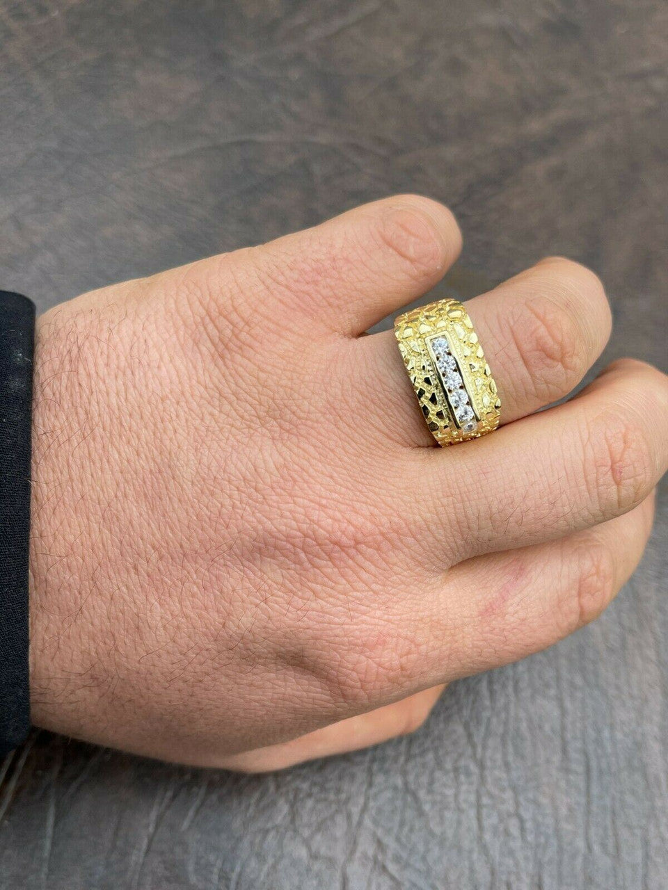 Italiano Silver, Inc Mens 14k Gold Over Real Solid Sterling Silver Iced Diamond Nugget Ring Hip Hop