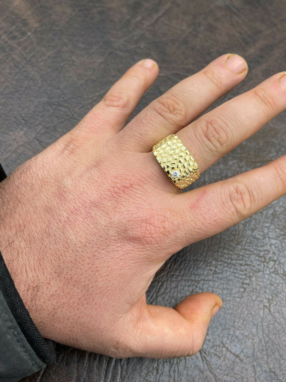 Italiano Silver, Inc Mens 14k Gold Over Real Solid Sterling Silver Nugget Ring Solitaire CZ Hip Hop