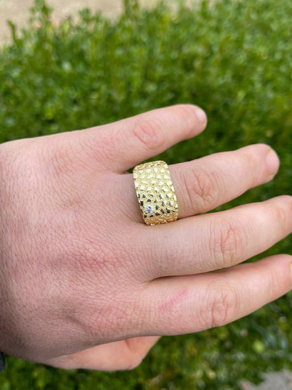 Italiano Silver, Inc Mens 14k Gold Over Real Solid Sterling Silver Nugget Ring Solitaire CZ Hip Hop