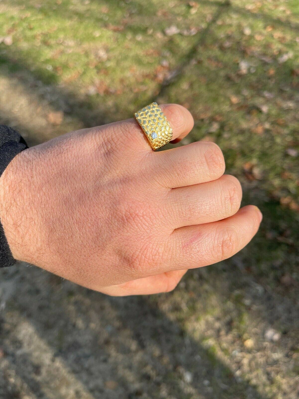 Italiano Silver, Inc Mens 14k Gold Over Real Solid Sterling Silver Nugget Ring Solitaire CZ Hip Hop