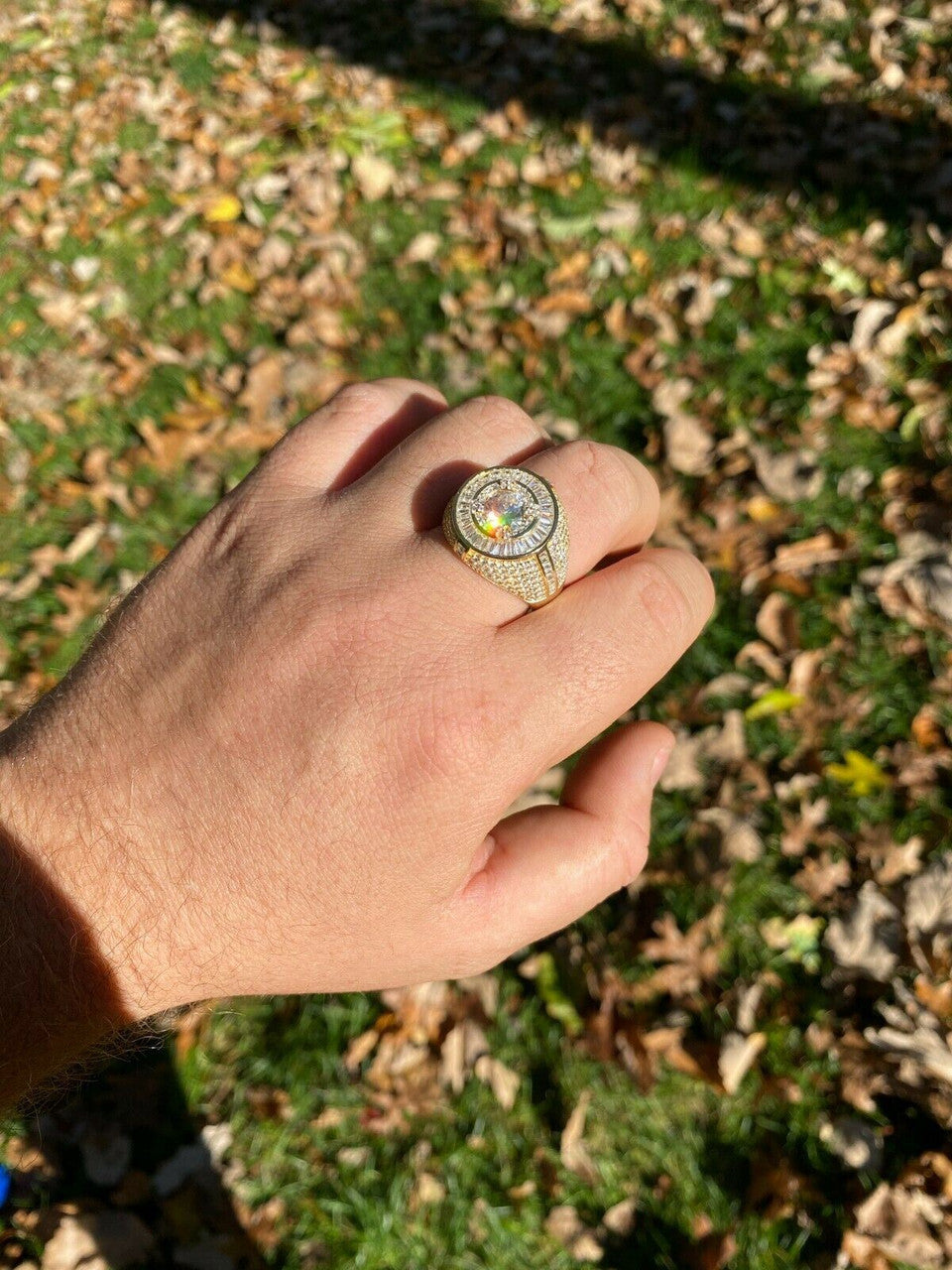 Italiano Silver, Inc Mens 14k Gold Over Solid 925 Sterling Silver Big Diamond Solitaire RING Pinky