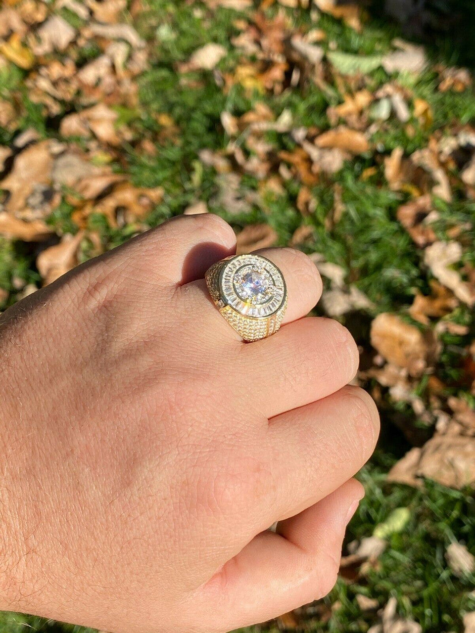 Italiano Silver, Inc Mens 14k Gold Over Solid 925 Sterling Silver Big Diamond Solitaire RING Pinky