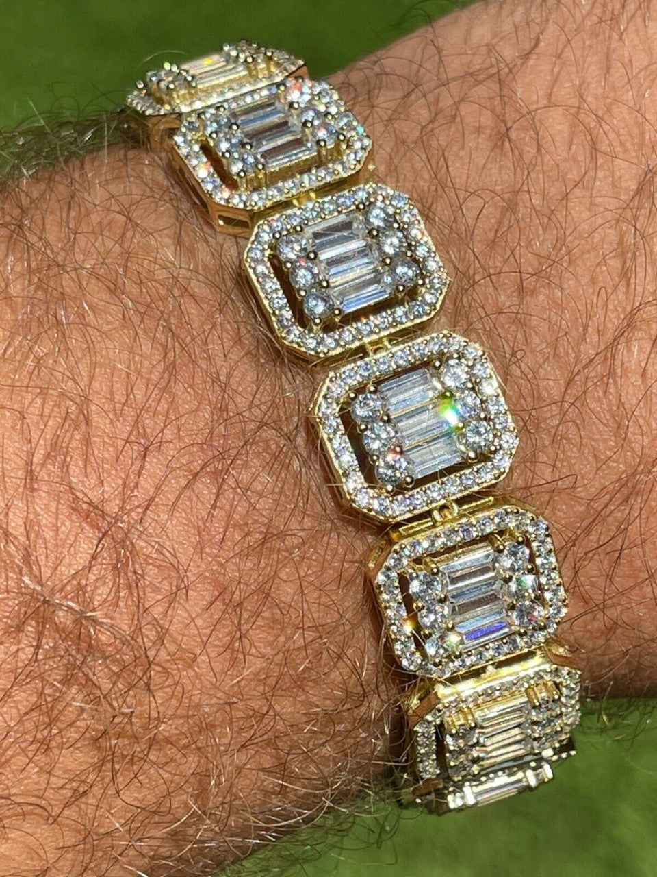 Italiano Silver, Inc Mens 14k Gold Vermeil Real 925 Silver Baguette Iced Bracelet 15mm Thick Diamonds