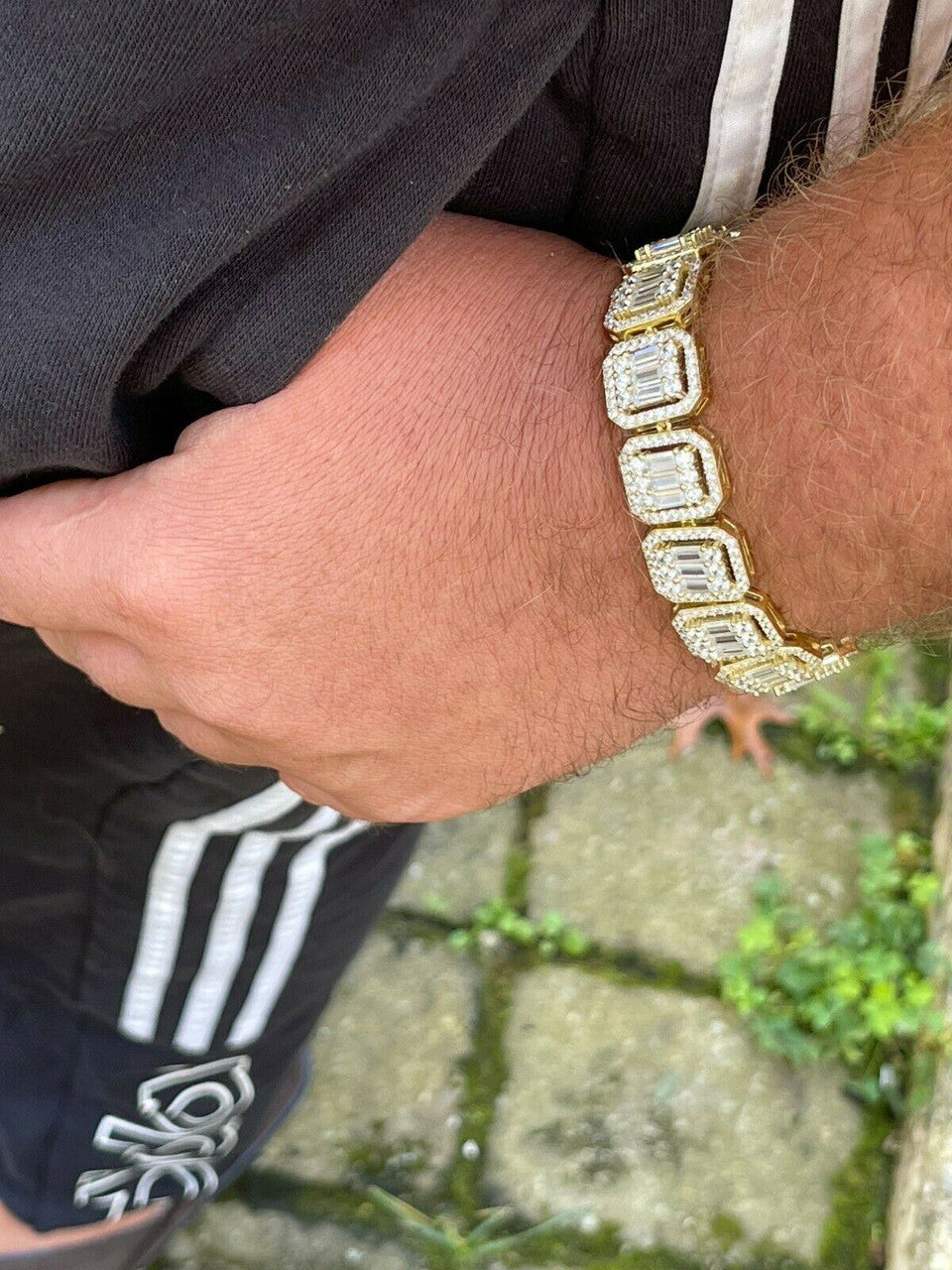 Italiano Silver, Inc Mens 14k Gold Vermeil Real 925 Silver Baguette Iced Bracelet 15mm Thick Diamonds