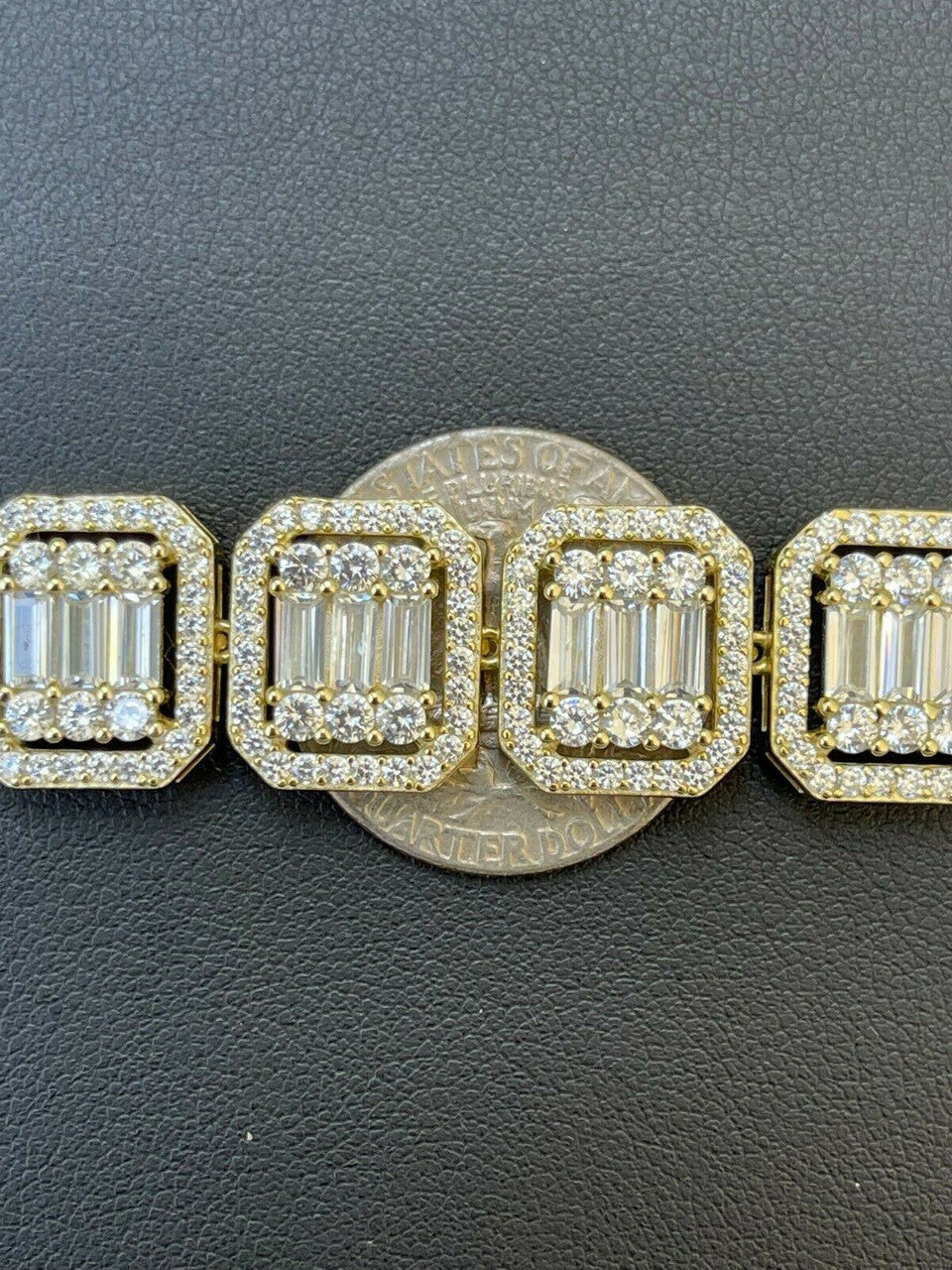 Italiano Silver, Inc Mens 14k Gold Vermeil Real 925 Silver Baguette Iced Bracelet 15mm Thick Diamonds
