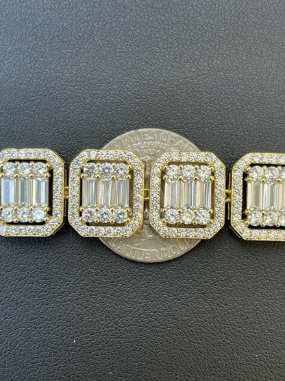 Italiano Silver, Inc Mens 14k Gold Vermeil Real 925 Silver Baguette Iced Bracelet 15mm Thick Diamonds