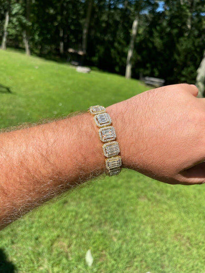 Italiano Silver, Inc Mens 14k Gold Vermeil Real 925 Silver Baguette Iced Bracelet 15mm Thick Diamonds