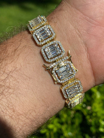 Italiano Silver, Inc Mens 14k Gold Vermeil Real 925 Silver Baguette Iced Bracelet 15mm Thick Diamonds