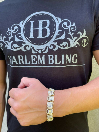 Italiano Silver, Inc Mens 14k Gold Vermeil Real 925 Silver Baguette Iced Bracelet 15mm Thick Diamonds