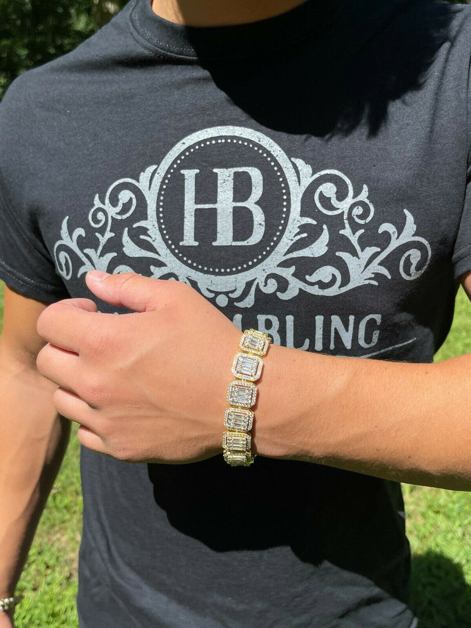 Italiano Silver, Inc Mens 14k Gold Vermeil Real 925 Silver Baguette Iced Bracelet 15mm Thick Diamonds