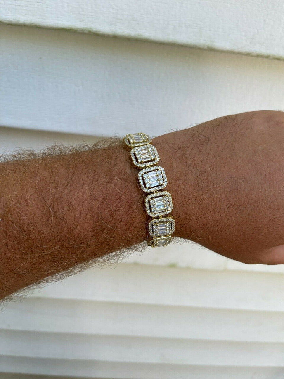 Italiano Silver, Inc Mens 14k Gold Vermeil Real 925 Silver Baguette Iced Bracelet 15mm Thick Diamonds