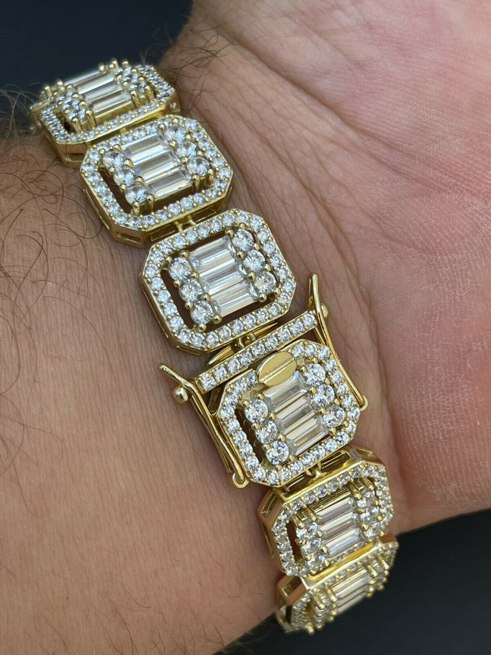 Italiano Silver, Inc Mens 14k Gold Vermeil Real 925 Silver Baguette Iced Bracelet 15mm Thick Diamonds