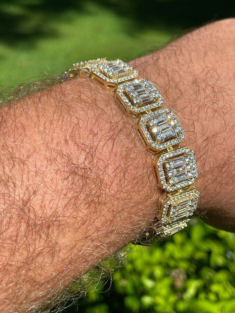Italiano Silver, Inc Mens 14k Gold Vermeil Real 925 Silver Baguette Iced Bracelet 15mm Thick Diamonds