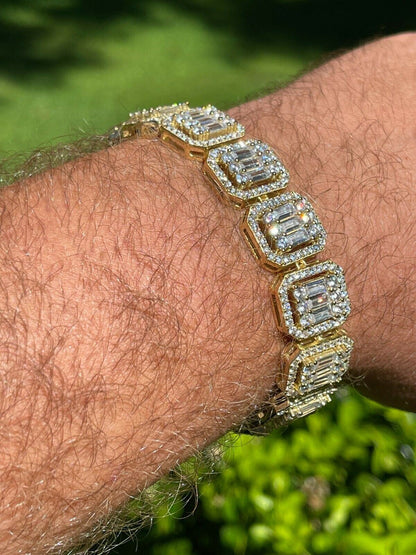 Italiano Silver, Inc Mens 14k Gold Vermeil Real 925 Silver Baguette Iced Bracelet 15mm Thick Diamonds