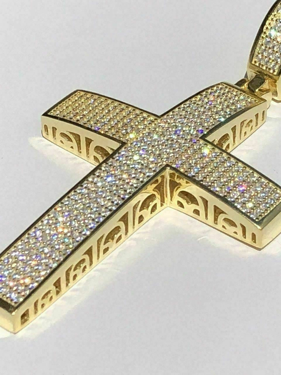 Italiano Silver, Inc Mens 14k Yellow Gold Over Solid 925 Silver Large Cross Real MOISSANITE 2x1.5