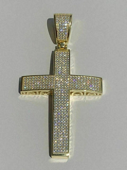 Italiano Silver, Inc Mens 14k Yellow Gold Over Solid 925 Silver Large Cross Real MOISSANITE 2x1.5