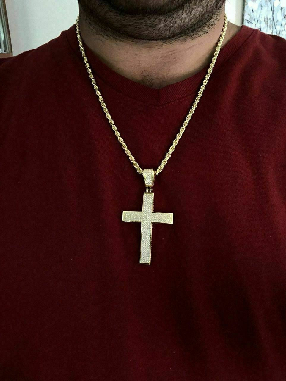 Italiano Silver, Inc Mens 14k Yellow Gold Over Solid 925 Silver Large Cross Real MOISSANITE 2x1.5