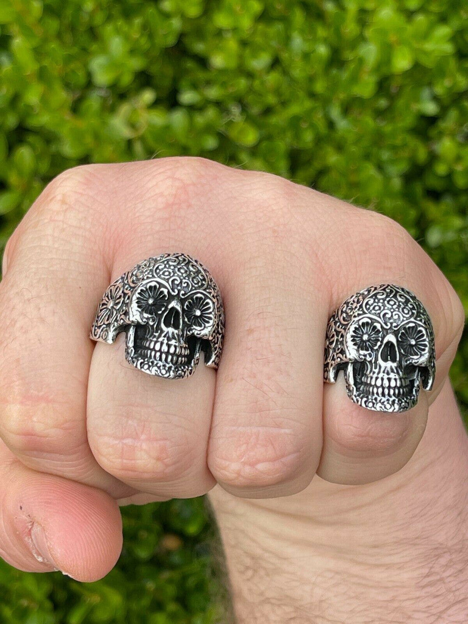 Men's 925 Sterling Silver Calavera Day Of Dead Sugar Flower Skull