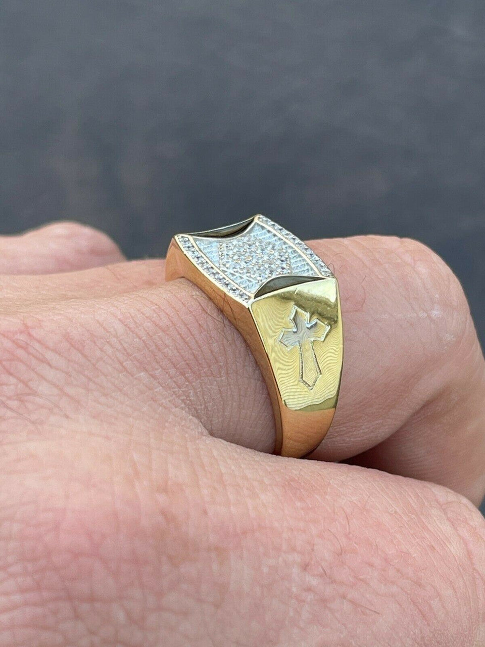 Italiano Silver, Inc Mens Bling Gold Vermeil Over Solid 925 Silver Two Tone Cross Iced CZ Ring Drip